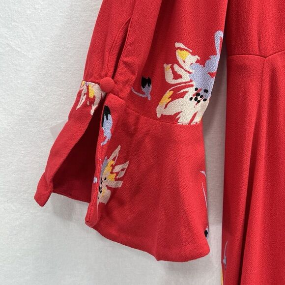 Free People Red Time On My Side S Wrap Mini Dress 3/4 Flutter Sleeves - Picture 6 of 12